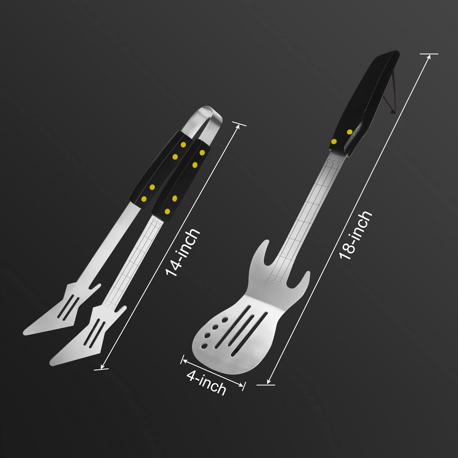Rock Guitar Style Heavy Duty Stainless Steel 2-Piece Barbecue Tool Set - Spatula & Tongs with Wooden Handle