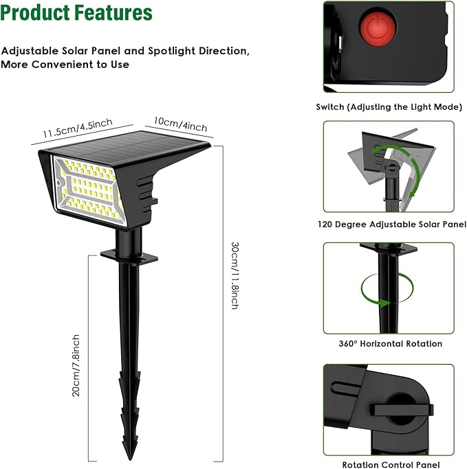 Solar Spot Lights Outdoor with 60 LED & Auto On/Off, 2 Pack Solar Lights Outdoor Waterproof IP68 with 3 Lighting Modes, 2-in-1 Solars Landscape Light for Outside, Garden, Yard(Cool White)