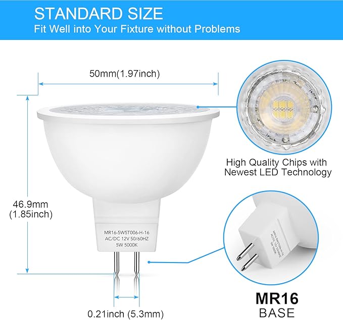 Mlambert 12 Pack MR16 LED Bulbs 50W Halogen Equivalent,5000K Daylight White,5W GU5.3 MR16 12V Spotlight Bulb,Non-Dimmable,45° Beam Angle for Landscape
