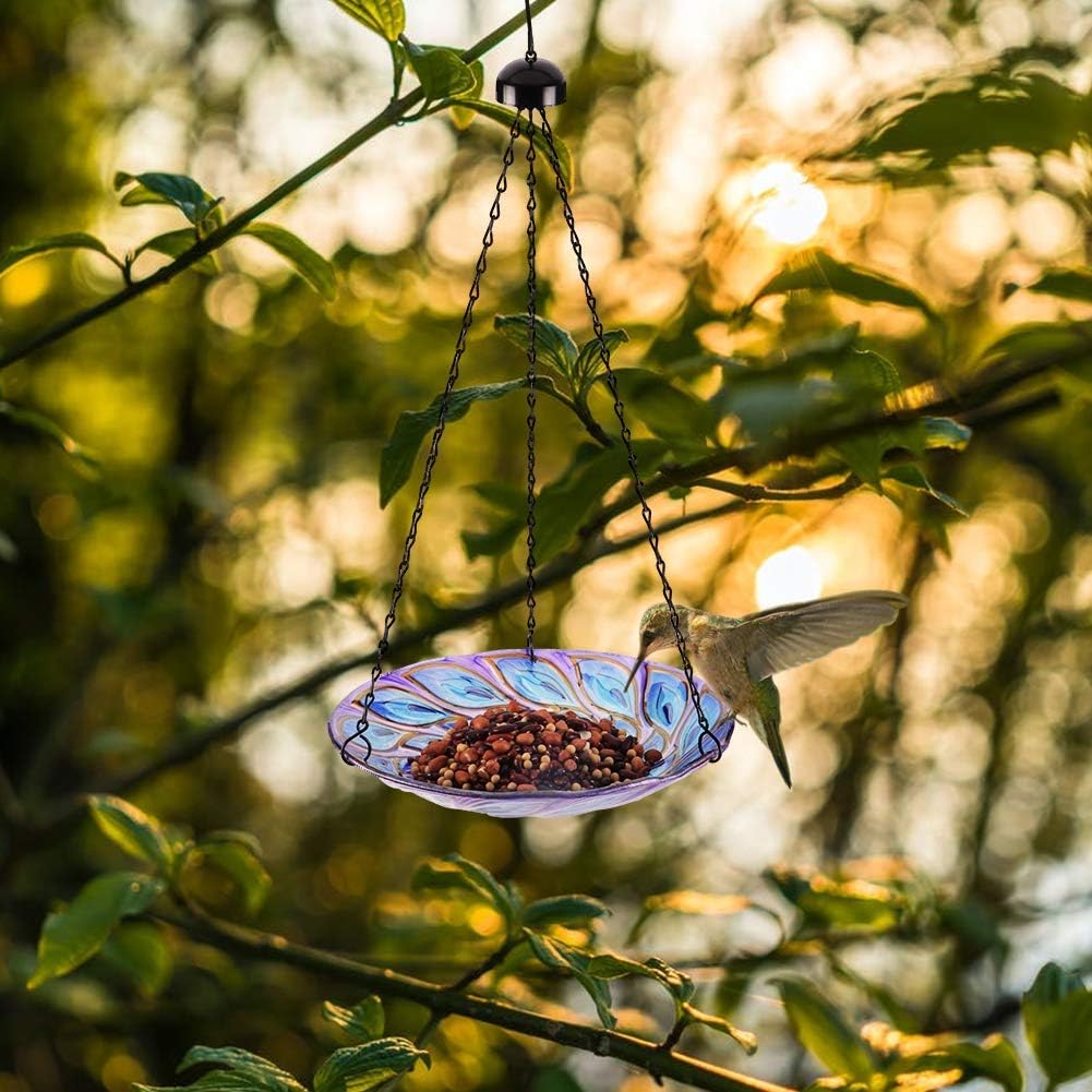 VCUTEKA Hanging Bird Baths Outdoor Glass Birdbath Feeder for Garden Decor | Stained Glass Handmade Peacock Hanging Bird Bath Bowl to Attract Wild Birds for Outside, Lawn, Garden, Yard Decor