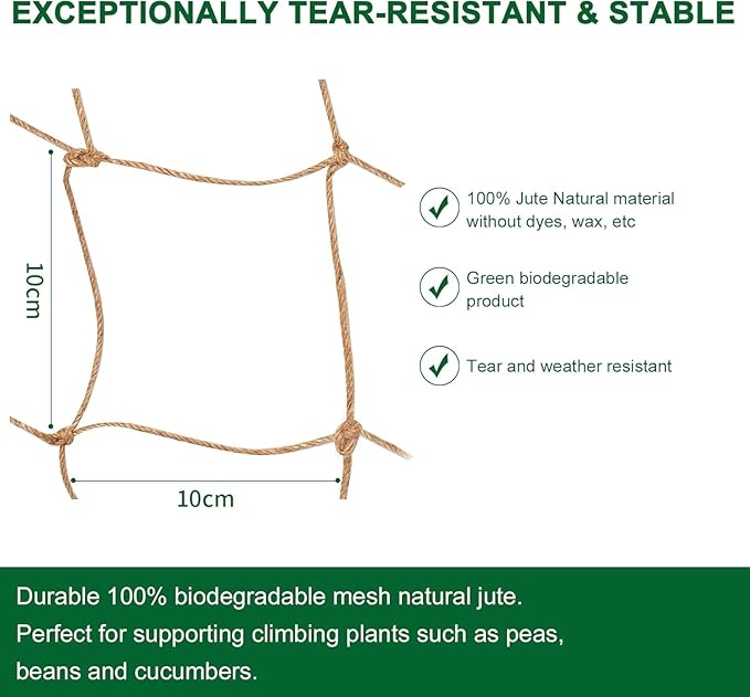 Jute Trellis Netting - Jute Netting for Garden, Heavy Duty Plant Support Netting for Climbing Plants, Cucumber, Vine, Fruits & Vegetables, Climbing Vining Plants (6.6 Ft x 9.8 Ft, 3.9 Inch Squares)