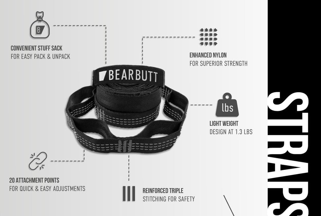 Bear Butt Kodiak Hammock Straps for Trees - 20 Feet Long, 40 Combined Loops - Holds 1000 Pounds - Camping Accessories With Carabiner