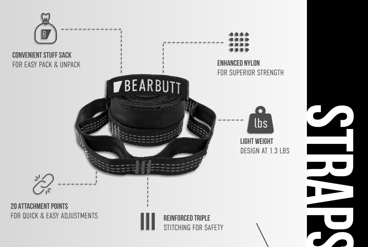 Bear Butt Kodiak Hammock Straps for Trees - 20 Feet Long, 40 Combined Loops - Holds 1000 Pounds - Camping Accessories With Carabiner