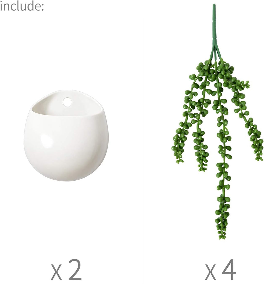 Dahey Small Wall Planters, 2 Pack Ceramic Holder with Artificial Succulents | No Watering Easy Care, Wall Mounted Plant Pot, Fits Real Succulents, PVC String of Pearls, No Drainage Holes, Indoor Decor