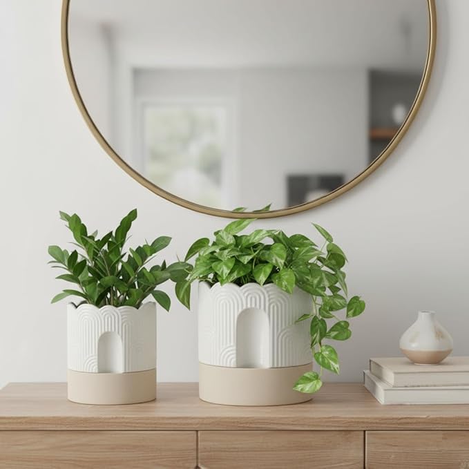 Nihow Self Watering Plant Pot for Indoor Plants : 6 Inch & 8 Inch Ceramic Planter with Drainage Hole & Water Storage - Relief Design Beige & Nature Flower Pot -Set of 2