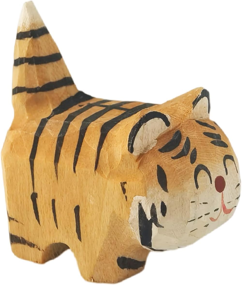 EMiEN Cute Small Wood Tiger Figurine Carved Orange Tiger,Handmade Sculpture Craft Set, for Home Office Decoration, Car Ornaments