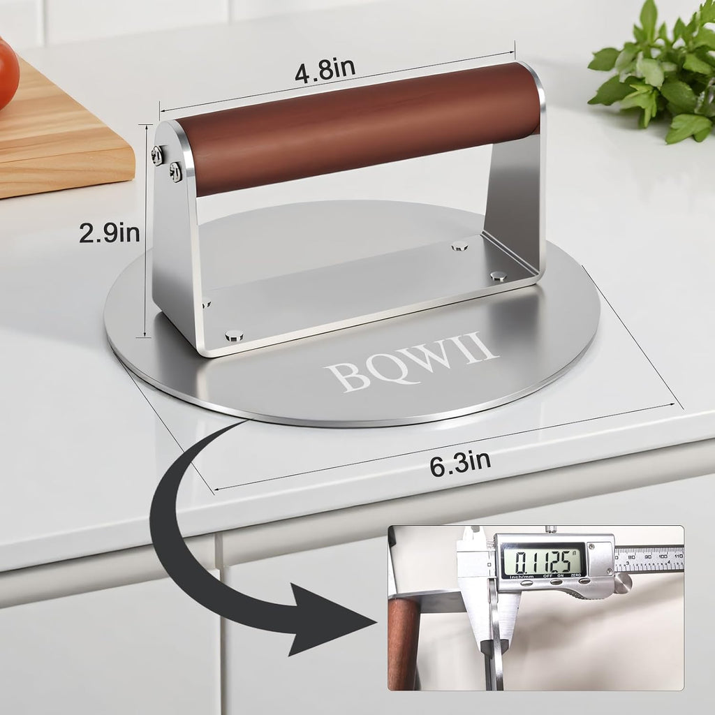 6.3inch Burger Press, Round Stainless Steel Meat Patty Pressing Tool, Suitable for Burger Patties, Steaks, BBQ, Bacon,Baking, Grill Press with Wood Handle