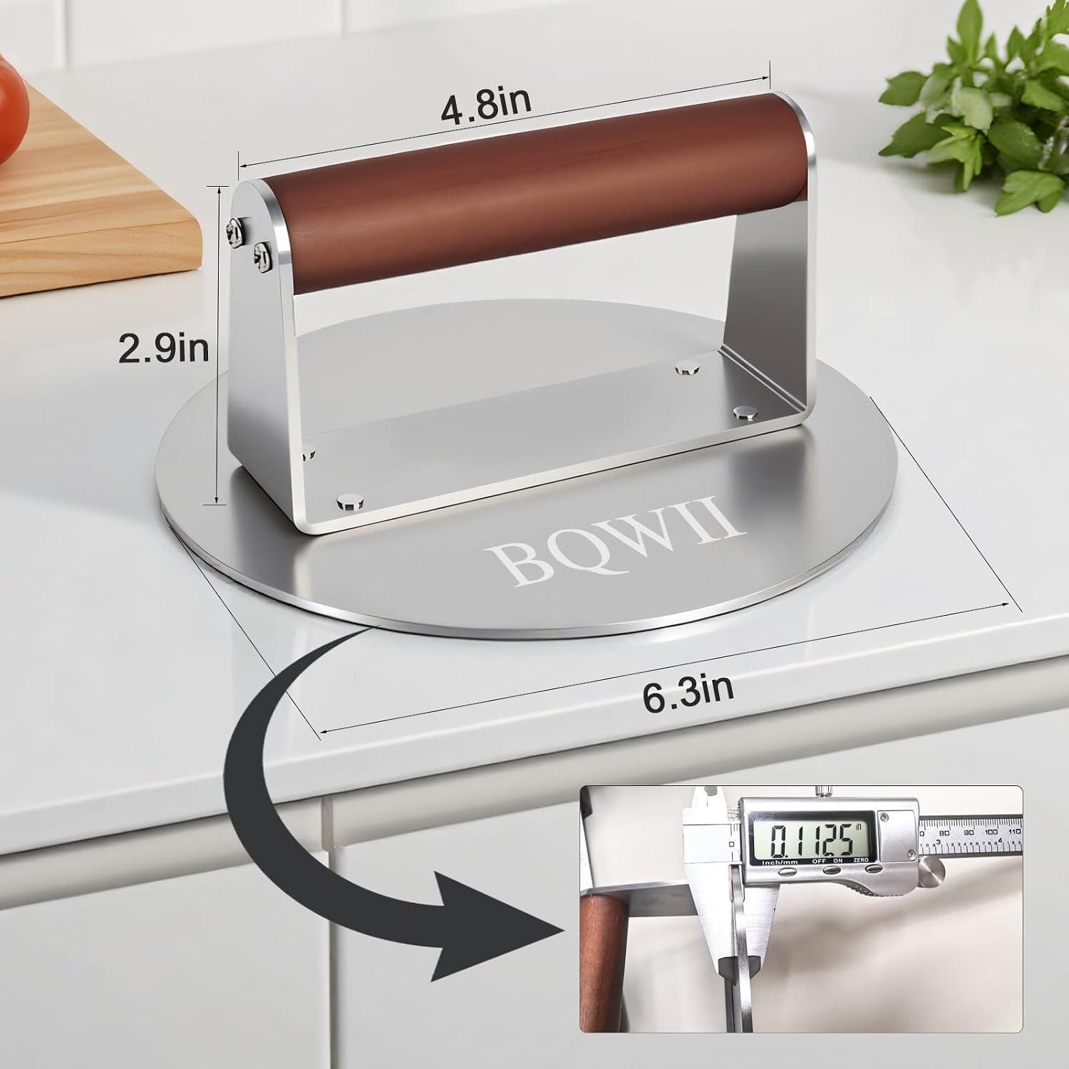 6.3inch Burger Press, Round Stainless Steel Meat Patty Pressing Tool, Suitable for Burger Patties, Steaks, BBQ, Bacon,Baking, Grill Press with Wood Handle