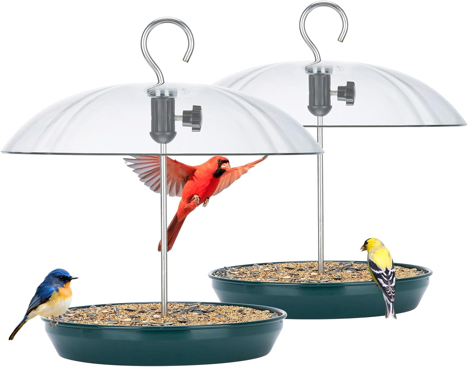 Kingsyard Platform Bird Feeder with Adjustable Dome for Outdoors Hanging | Metal Tray, Adjustable Dome, Adjustable Bird Access, Rain-Resistant, Drainage Holes, Seed & Mealworm Feeder, Green, 2 Pack
