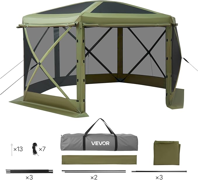VEVOR Pop up Gazebo Screen Tent, 12 x 12 ft Large 6-Sided Camping Canopy Tent with Removable Top & Carry Bag, Quick-Set & Bite-Proof, Screen House Sun Shelter for 8-10 Persons Backyard Patio, Green