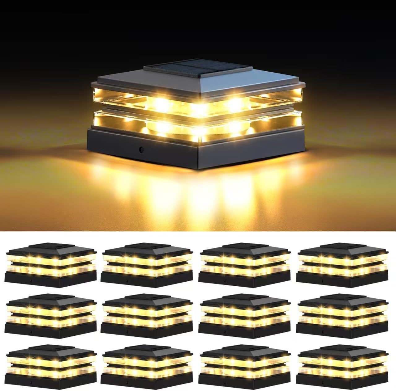 12 Pack Solar Post Cap Lights Outdoor Waterproof, Warm & Cool White, Black | Fits 4x4 Wooden and Vinyl Posts,Fence Deck Post Lights, High-Brightness LEDs