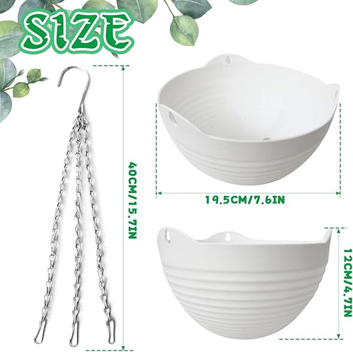 4 Pack 8 inch Plastic Self Watering Hanging Planters,Round Hanging Basket Planter with Drainer and Metal Chain,White Garden Flower Plant Pot Container for Indoor Outdoor Plants