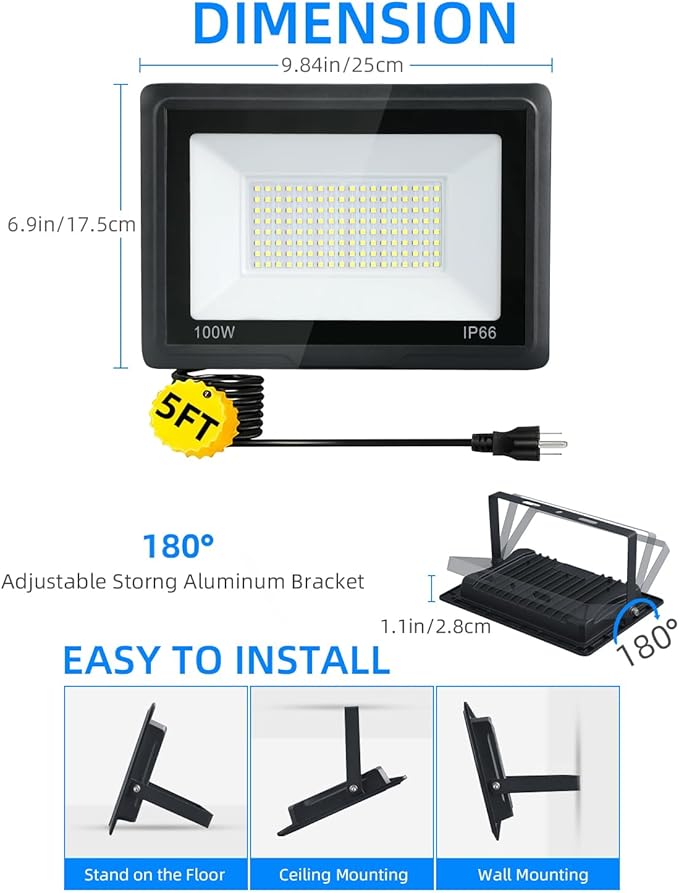 200W LED Flood Lights Outdoor, 2pack 20000lm Bright Led Work Light with Plug, 6500k Daylight White Outdoor LED Lights, IP66 Waterproof Patio Lighting