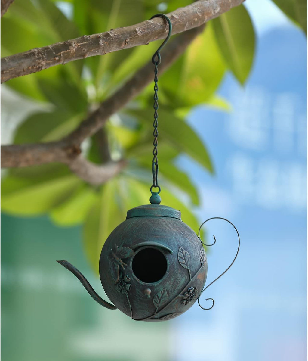 Bird Houses for Outside, Outdoor Bird House, Teapot Shaped Hanging Bird House, Antique Metal Bird House, Decorative Bird Houses, Unique Humming Bird Houses for Garden Patio Yard Lawn Backyard Decor