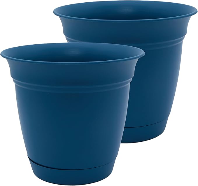 The HC Companies 20 Inch Eclipse Round Planter Pots with Drainage Holes & Attached Saucer, Lightweight UV-Resistant Plastic Indoor Outdoor Planters, 2-Pack Flower Pots for Garden & Home Decor, Peacock