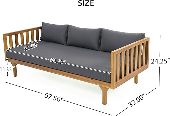 Merax Outdoor 3 Seater Daybed, Acacia Wood Day Bed Couch Sofa with Cushions for Patio Backyard, Garden, Dark Grey + Brown