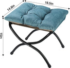 15" Foldable Foot Stool Ottoman with Metal Frame - Washable Blue Upholstered Indoor/Outdoor Footrest for Living Room, Bedroom, Patio - Space-Saving Compact Design