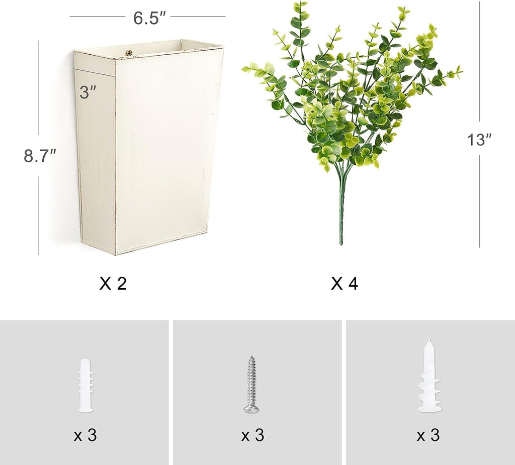 Dahey 2 Packs Metal Wall Planter Vase with Artificial Eucalyptus, Farmhouse Wall Decor Hanging Fake Plants Flowers Holder for Country Rustic Bedroom Bathroom Living Room Kitchen Decoration, White