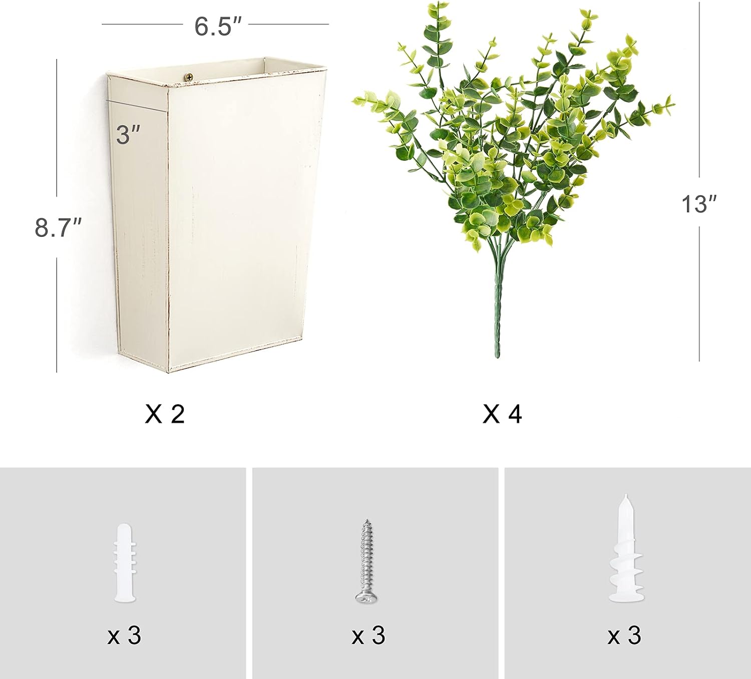 Dahey 2 Packs Metal Wall Planter Vase with Artificial Eucalyptus, Farmhouse Wall Decor Hanging Fake Plants Flowers Holder for Country Rustic Bedroom Bathroom Living Room Kitchen Decoration, White