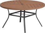 VICLLAX Round Patio Table with Adjustable Umbrella Hole for 6, All Weather Metal Outdoor Dining Table for Lawn Garden, 50" Outdoor Coffee Table, Walnut Wood-Like Tabletop
