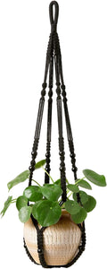Mkono Macrame Plant Hanger Indoor Hanging Planter Basket with Wood Beads Decorative Flower Pot Holder No Tassels for Indoor Outdoor Boho Home Decor 35 Inch, Black, Set of 1 (POTS NOT Included)