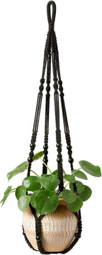 Mkono Macrame Plant Hanger Indoor Hanging Planter Basket with Wood Beads Decorative Flower Pot Holder No Tassels for Indoor Outdoor Boho Home Decor 35 Inch, Black, Set of 1 (POTS NOT Included)