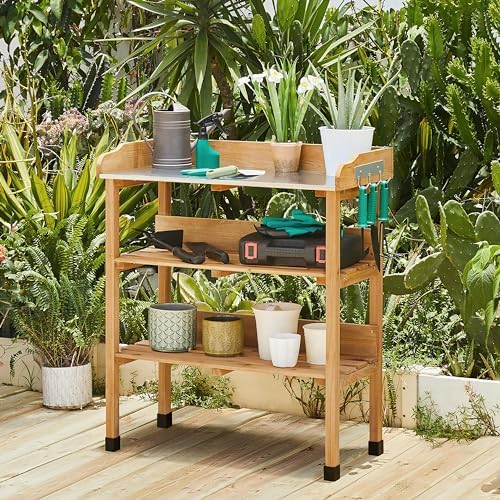 yaheetech potting bench outdoor console table w/3-tier storage,natural shown in use