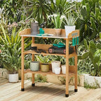 yaheetech potting bench outdoor console table w/3-tier storage,natural shown in use
