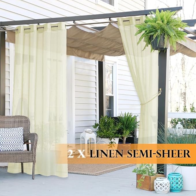RYB HOME 2 Panels Outdoor Curtains for Patio - Linen Look Semi-Sheer Curtains for Patio Waterproof, Indoor Outdoor Drapes for Gazebo Pergola Balcony Pool Spa, Wide 54 x Long 84, Light Beige
