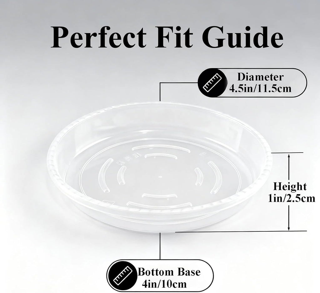 20 Pack Clear Plant Saucer 4.5 Inches Plastic Drip Trays to Catch Water | Round plastic flower pot saucers for indoors and outdoors catch drainage water to protect floors, shelves, decks and patios.