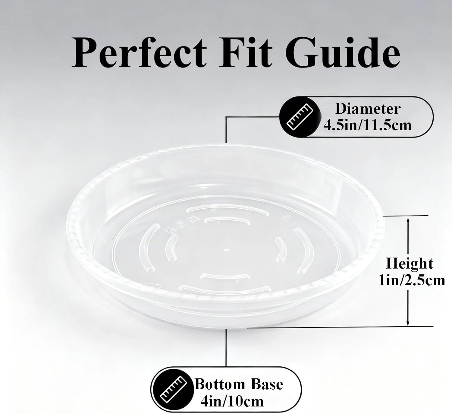20 Pack Clear Plant Saucer 4.5 Inches Plastic Drip Trays to Catch Water | Round plastic flower pot saucers for indoors and outdoors catch drainage water to protect floors, shelves, decks and patios.