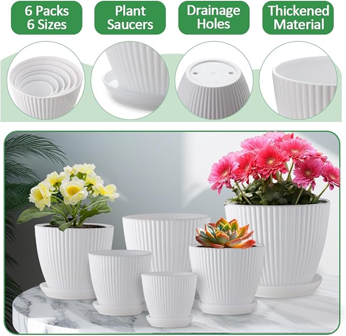 7.5/6.5/5.5/4.9/4.2/3.5 Inch Plant Pots with Drainage Holes and Saucer, Plastic Flower Pots for Indoor Plants, Lightweight Planter Pots for Plants, White