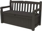 Keter Solana 70 Gallon Storage Bench Deck Box for Patio Furniture, Front Porch Decor and Outdoor Seating – Perfect to Store Garden Tools, Brown/Brown
