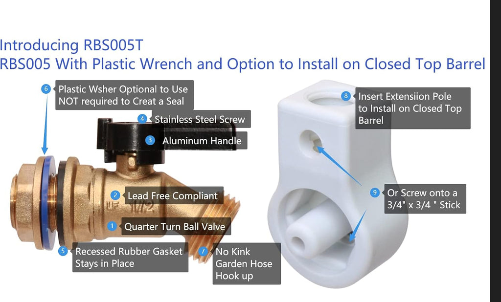 RBS005T LF Brass Rain Barrel Spigot (½” NPS, LF Compliant, Quarter Turn Ball Valve with Plastic Wrench/Nut Holder and Option to Install on Closed Top Barrel with Bung Hole)