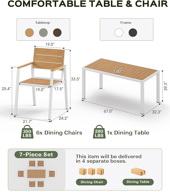 7-Piece Outdoor Dining Set, Aluminum Dining Table Set for 6, Patio Table and Chairs Set with Umbrella Hole, All Weather HDPS Outdoor Table and Chairs for 6 (White-Teak)