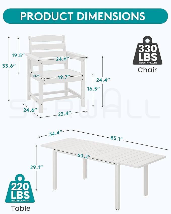 SERWALL 9-Piece Outdoor Dining Set, 60" - 83" Expandable Outdoor Dining Table and 8 HDPE Chairs, All Weather HDPE Outdoor Furniture Set for Backyard, Garden, White