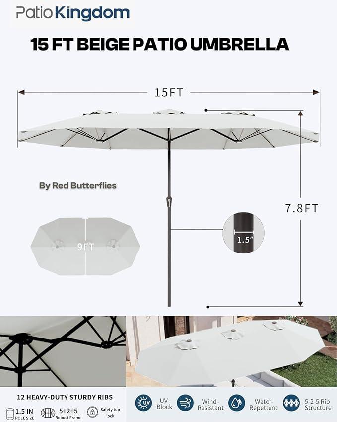 5-Piece White Outdoor Dining Set with White 15FT Large Patio Umbrella, 75.2'' HDPE Table & Chairs for 8, Weather-Resistant Furniture with Umbrella Hole for Patio, Lawn, Poolside