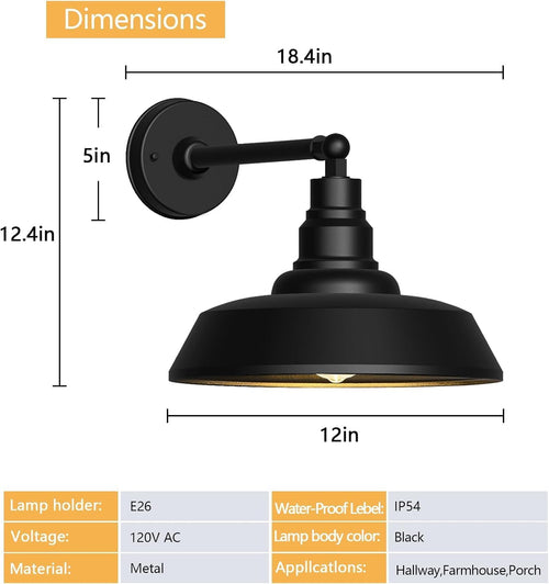 12" outdoor gooseneck barn lights, black farmhouse wall shown in use