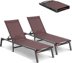 VEVOR 2 Pcs Chaise Lounge Chairs Outdoor, Aluminum Patio Lounge Chair with Adjustable 5-Position, Folding Pool Chairs Recliner and Full Flat Tanning Chair for Patio, Beach, Pool, Brown, 2 pcs