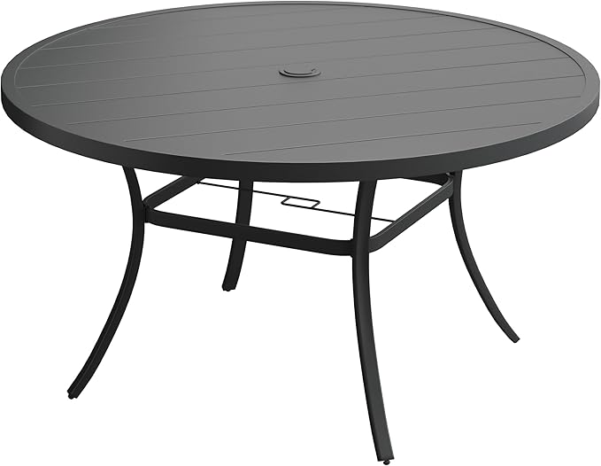 VICLLAX 63" Outdoor Round Patio Table with Umbrella Hole, All Weather Metal Round Outdoor Dining Table for Lawn Garden, 8-10 Person Table, Black