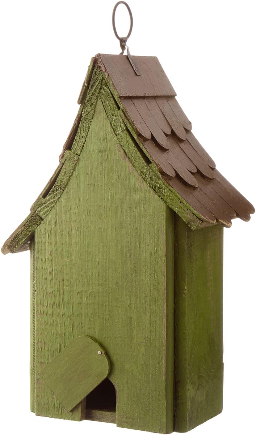 Glitzhome Birdhouses for Outdoors, Green Hand Painted Garden Wooden Bird House with Single Roof Hanging Bird House for Outside