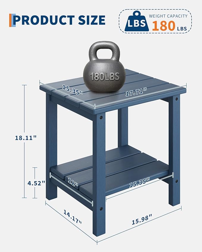 GarveeLife Adirondack Outdoor Side Table 18 x 15 in, HDPE 2-Tier Patio Side Tables for Outside, All-Weather End Table for Patio Pool Deck Indoor Backyard, Navy Blue