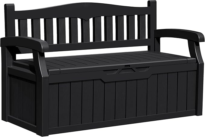 Greesum 80 Gallon Outdoor Storage Bench, Resin Patio Furniture with Armrest,Waterproof and UV-Resistant, Perfect to Garden, Poolside and Lawn, Black