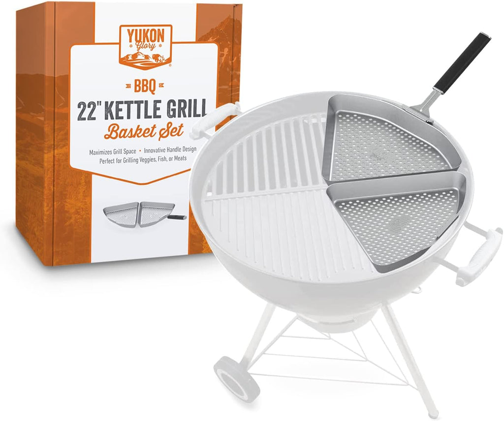 Grill Basket for Kettle Grills, 2 Stainless Baskets | Includes clip-on handle, designed for 22 inch kettle grills. Fish and vegetable grill basket.
