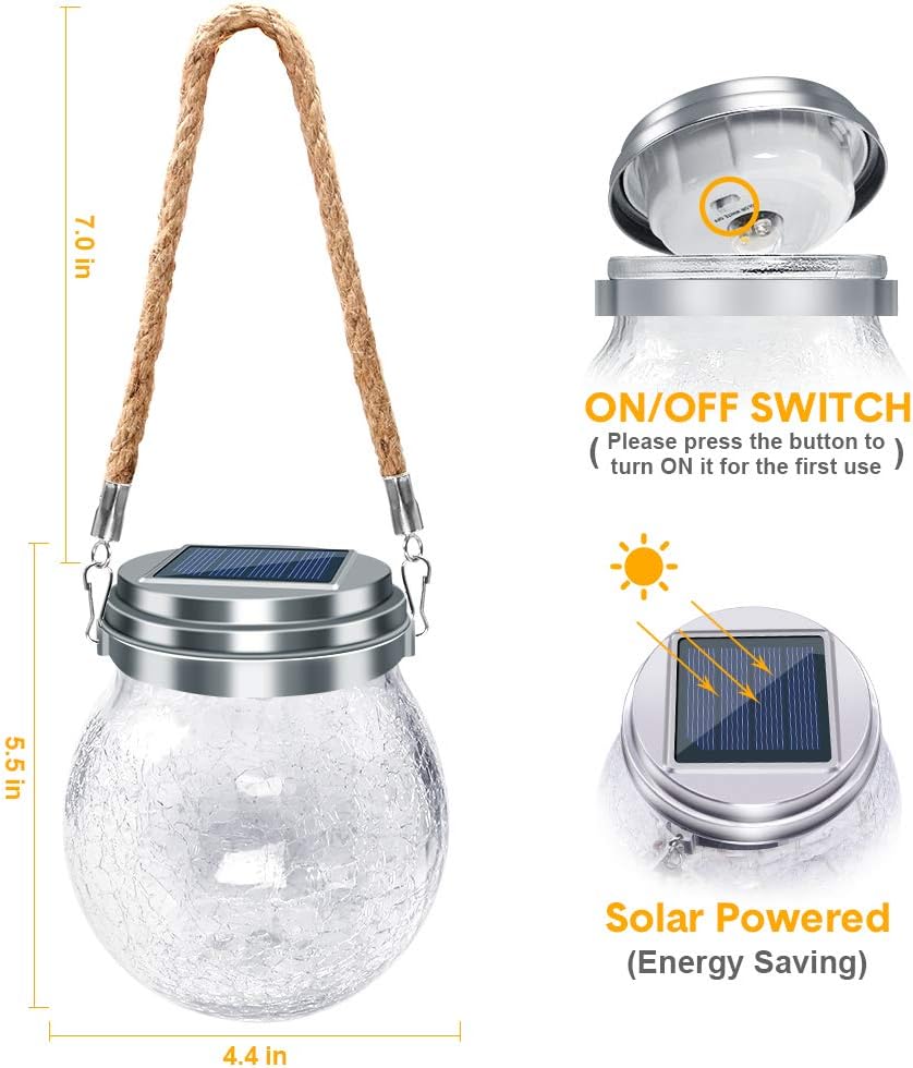 DBF Solar Lanterns Outdoor 2 Pack - Waterproof IP65 Hanging Solar Lights with Warm Amber & RGB Colors, Crackle Glass LED Ball Lights Globes Garden Decorative for Patio Tree Backyard Pathway Railing
