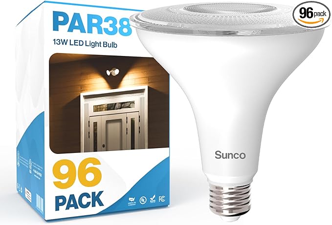 Sunco 96 Pack Outdoor LED Flood Home Patio Driveway Light, Waterproof PAR38 LED Bulb, CRI90, 3000K Warm White, 1050 Lumens, 100W Equivalent 13W, Dimmable, Wet-Rated, E26 Base UL.
