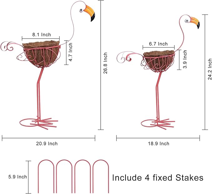 hogardeck Garden Decor for Outside, Set of 2 Pink Flamingo Planters with Basket, Metal Standing Flamingo Plant Pots Yard Art for Home Indoor Outdoor Garden Porch Lawn Patio Pool