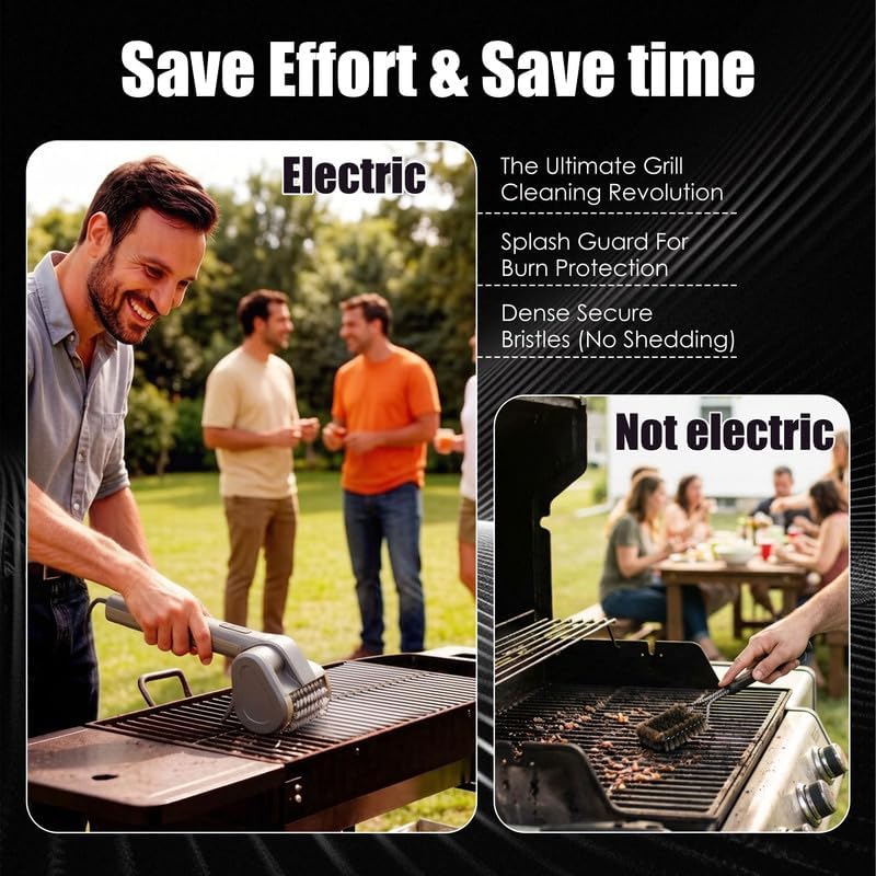 Electric Grill Brush Rechargeable Grill Cleaner 3 Heads 2 Speed 2000 RPM Torque 80KG BBQ Cleaning Brush with Safety Lock Submersible 304 SS Head Splash-Proof Scrubbe IPX7 Waterproof Silvery Black