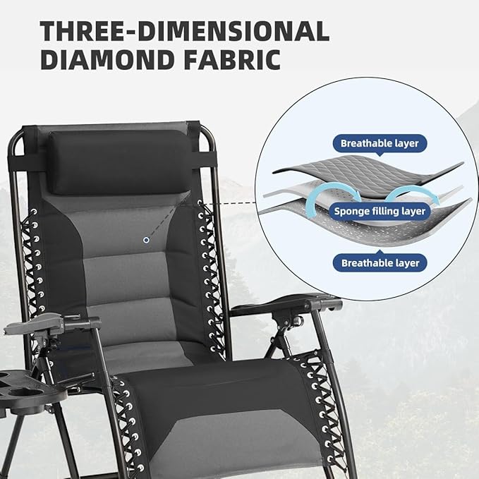 Zero Gravity Chair Set of 4 Oversized Padded Recliner with Adjustable Headrest & Cup Holder - 600D Oxford Folding Lounge Chair for Outdoor Camping, Patio, Poolside (Black & Gray)