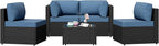 Shintenchi 5 Pieces Outdoor Patio Sectional Sofa Couch, PE Wicker Furniture Sets, Patio Conversation Sets with Washable Cushions Glass Coffee Table for Garden, Poolside, Backyard, Aegean Blue